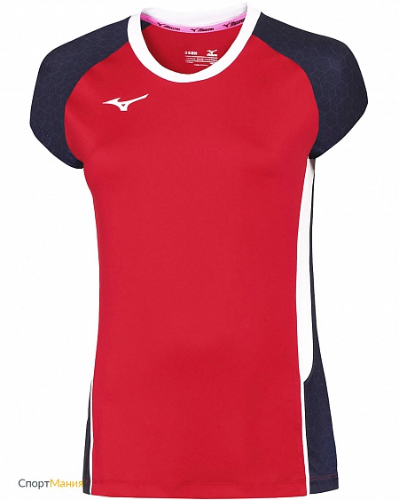 V2EA7202-62 Футболка волейбольная Mizuno Premium High-Kyu Tee (W) красный, темно-синий, белый